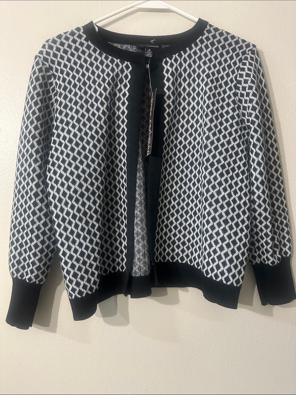 NWT Talbots Open Front Cardigan Sweater Black White Block Pattern Sz M